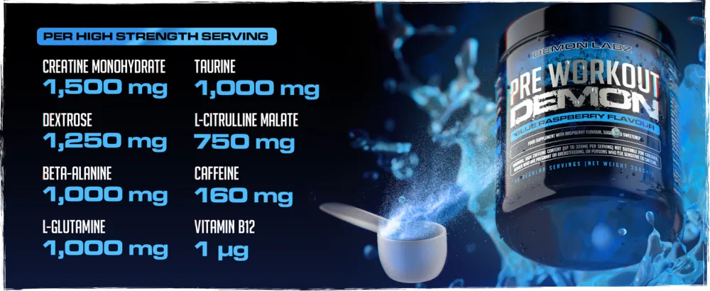 Pre Workout Demon - Hardcore Pre-Workout Powder Supplement with Creatine Caffeine Beta-Alanine and Glutamine (Blue Raspberry 360g) Blue Raspberry 40 Servings (Pack of 1) - Blue Raspberry Pre workout