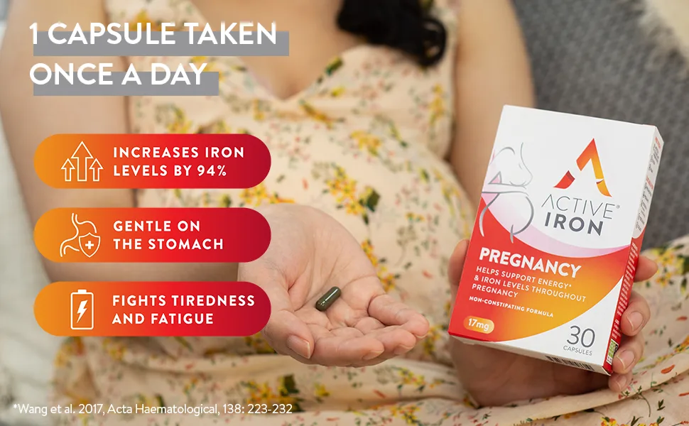 Active Iron Pregnancy | 30 Iron Capsules | 17mg Iron Supplement | Non-Constipating Formula | Fights Tiredness & Fatigue | 1-Month Supply - Active Iron Pregnancy is gentle on the stomach and increases iron levels by 94%