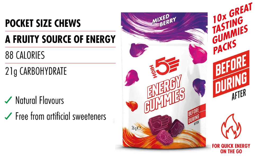 HIGH5 Energy Gummies Pocket Sized Quick Release Energy On The Go (Mixed Berry 10 x 26g) - energy tablets;energy gels;energy sweet;gummies;energy sweet