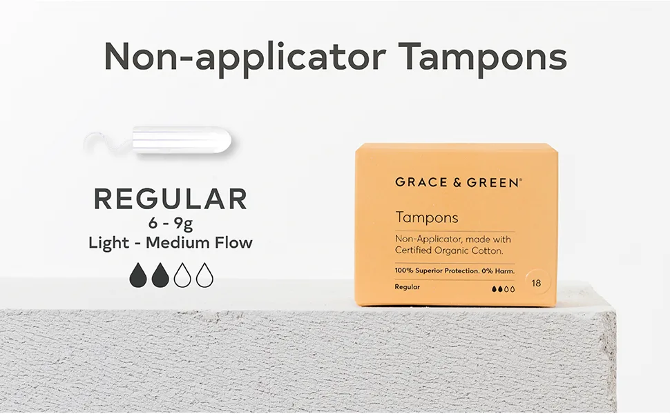 Grace & Green - Organic Tampons - Non-Applicator - Size: Regular - Made with Organic Cotton - 100% Free from Plastic - 54x Regular Tampons Regular 54 Tampons - Non applicator Tampons