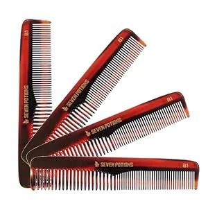 Seven Potions Beard Comb Fine and Coarse-Tooth Comb for Men's Hair Beard & Moustache Handmade (14.5 cm / 5.7 inch) Beard Comb B1 - 4 four stacked Seven Potions brown Beard Comb white background