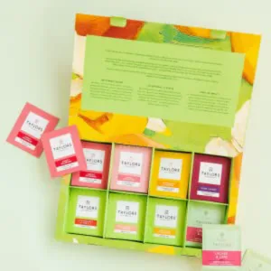 Taylors of Harrogate Assorted Green Teas and Fruit Infusions Selection Gift Box 96 g (48 Tea Bags in Total) Assorted Green Teas & Fruit Infusion - Lifestyle Image