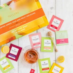 Taylors of Harrogate Assorted Green Teas and Fruit Infusions Selection Gift Box 96 g (48 Tea Bags in Total) Assorted Green Teas & Fruit Infusion - Lifestyle Image