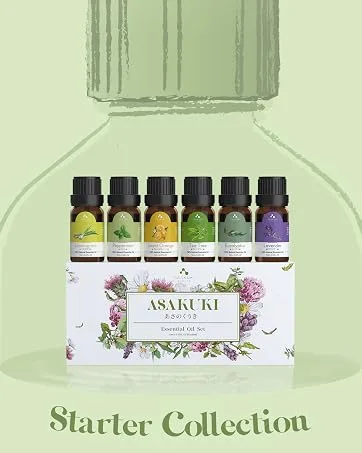 ASAKUKI Essential Oils Set Starter Kit Essential Oils for Diffusers for Home Top6 Aromatherapy Oils Gift Set- 6 Bottles*10mL(Lavender Eucalyptus Lemongrass Tea Tree Sweet Orange Peppermint) - starter kit essential oils set