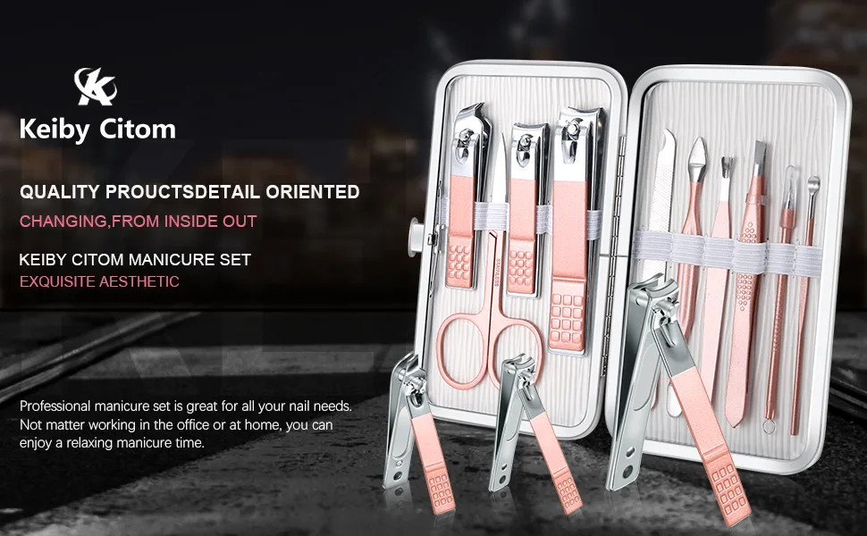 Manicure Set 10pcs Professional Nail Clippers Kit Pedicure Care Tools-Stainless Steel Grooming Tools for Travel (Pink) - Manicure Set