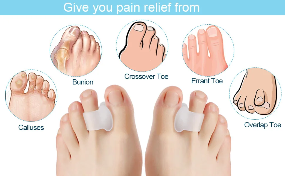 Sumiwish Bunion Corrector Toe Spacer Gel Toe Separators Overlapping Toe Correction with Loop Toe Straightener Great for Bunion Pain Relief (5 Pairs/10 PCS) Clear - toe separators