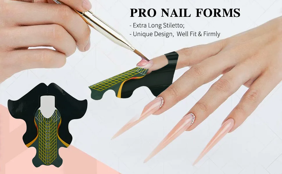 100pcs Extra Long Adhesive Stiletto Nail Forms Guide for UV Gel Acrylic Curve False Nail Tips Extension Fish Pattern HJ-NTF048 - nail form forms acrylic nails gel sticker builder c curve extension square 100 tips guide long