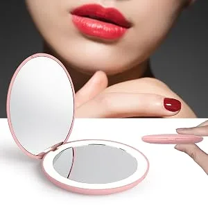 LED Travel Makeup Mirror 3.5 inch Lighted Compact Mirror 10X Magnification Handheld Double Sided Portable Folding Mirror For Pocket Purse Gift Pink Round 3.5 Round - lightweight mirror