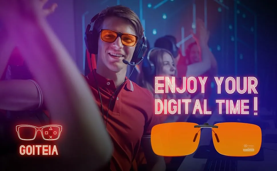 Goiteia Blue Light Blocking Clip On Glasses|Computer and Gaming Clip On Eyeglasses for Better Night Sleep|Anti Eye Strain 99.9% Orange(better Sleep) - Enjoy your digital time