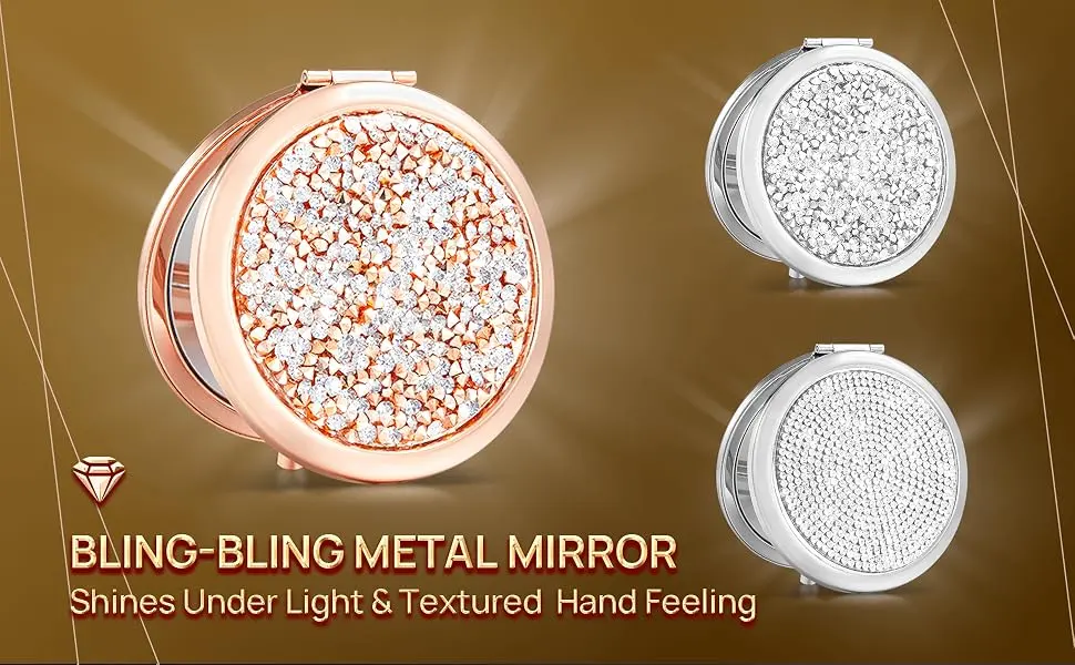 OMIRO Compact Mirror Mini Mix Diamond 1X/2X Magnifying Round Metal Pocket Makeup Mirror (Silver) Silver mix Diamond 1X/2X - Bling-Bling Metal Mirror