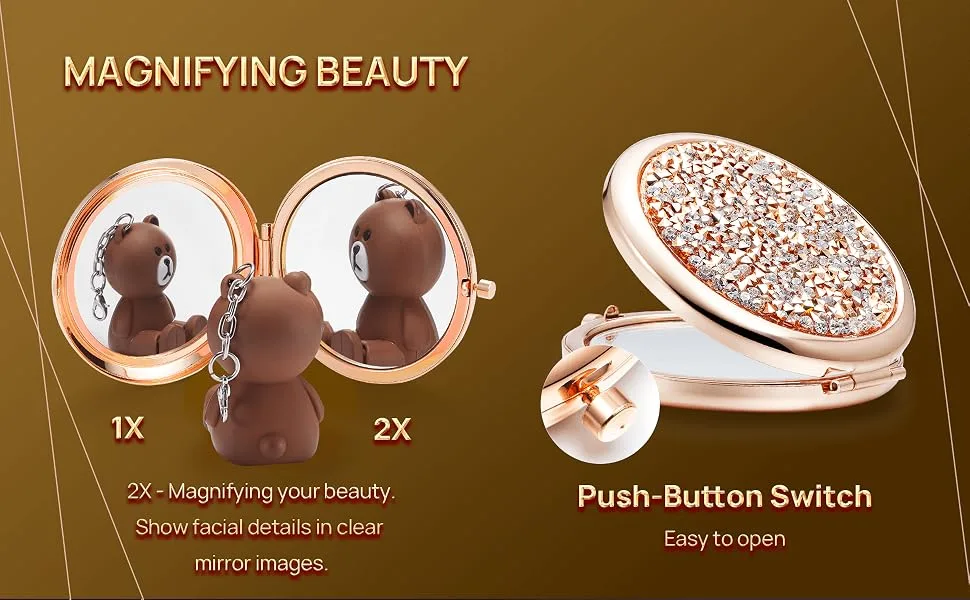 OMIRO Compact Mirror Mini Small Diamond 1X/2X Magnifying Round Metal Pocket Makeup Mirror (Silver) Silver small Diamond 1X/2X - Magnifying Beauty