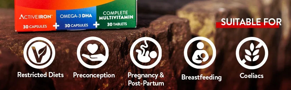 Active Iron Pregnancy Plus | 25mg Iron | Omega-3 | Multivitamin with Active Folic | 30 Day Supply - pregplusbannerimagelongbottom-original