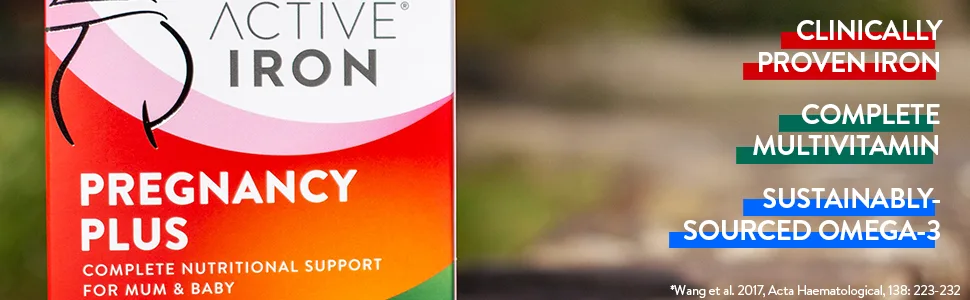 Active Iron Pregnancy Plus | 25mg Iron | Omega-3 | Multivitamin with Active Folic | 30 Day Supply - pregplusbannerimagelongmiddle-original