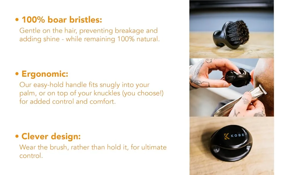 Kobe Knuckle/Finger Beard Brush - 100% Natural Boar Bristle Brush - Dark Brown Beard Brush for Men - Ergonomic Ring Design - finger beard brush