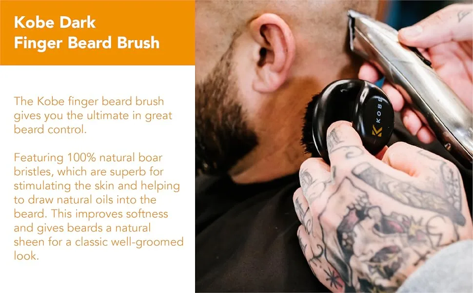 Kobe Knuckle/Finger Beard Brush - 100% Natural Boar Bristle Brush - Dark Brown Beard Brush for Men - Ergonomic Ring Design - finger beard brush
