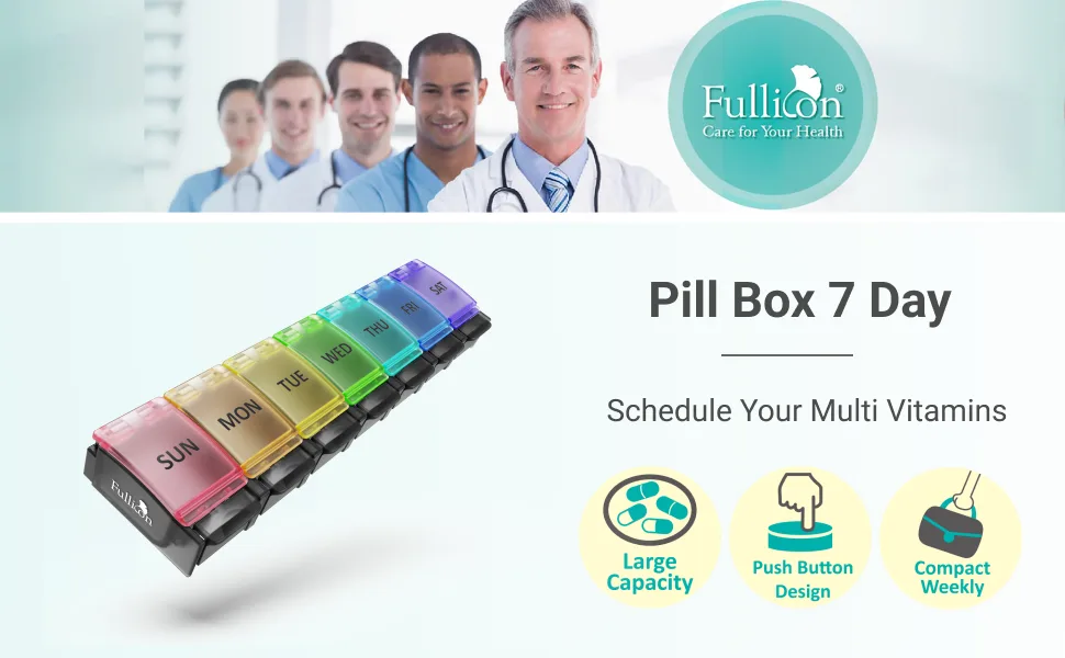 Fullicon Weekly Pill Box Organiser 7 Day Tablet Boxes for Vitamins and Supplements Easy to Open Large Medicine box Portable Medication Organiser for Travel - pill box 7 day 1 times weekly tablet organiser daily vitamin travel holder medicine medication