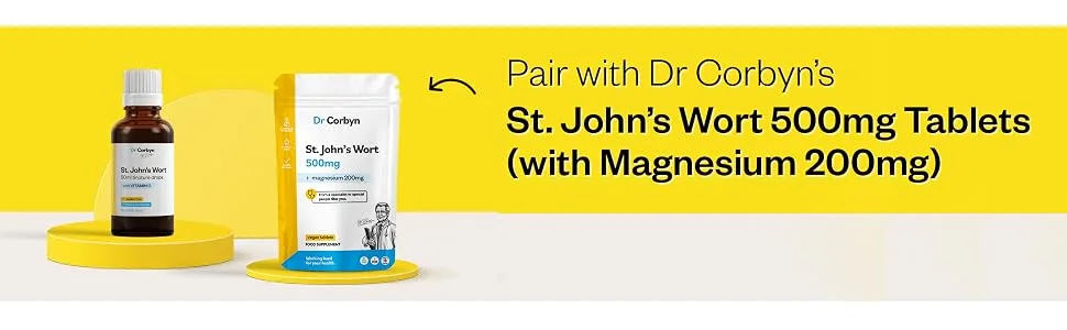 Dr Corbyn St. John's Wort Tincture Drops with Vitamin C - 50ml | St. John's Wort Liquid Extract Enriched with Vitamin C | Highly Absorbable & Alcohol Free - stj tincture and tablets