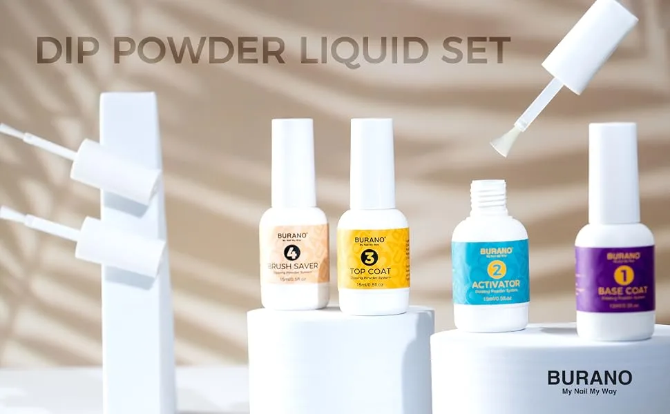 BURANO Dip Powder Set 0.5oz Large Capacity Dip Powder Base & Top Coat with Activator Brush Saver for Dipping Powder Nail Kit - dip powder liquid set