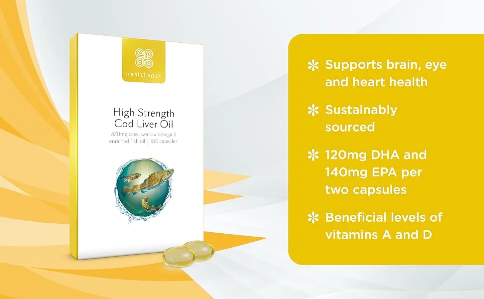 Healthspan Cod Liver Oil 570mg | Support Your Brain Heart Eyes & Bones | 150mg Omega 3 Fatty acids per Capsule (180 Capsules) 180 Count (Pack of 1) - Healthspan High Strength Cod Liver Oil 570mg