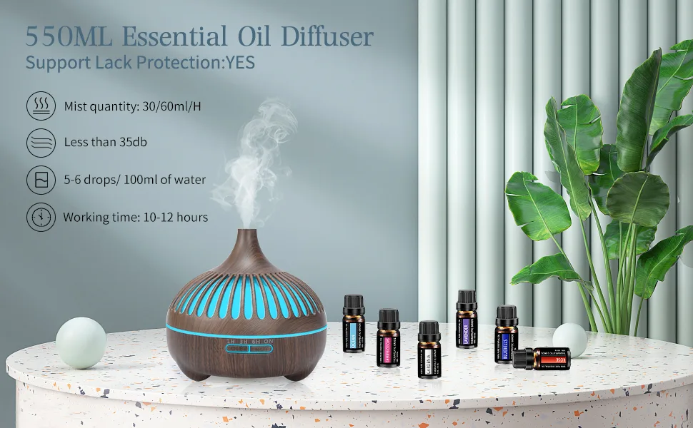 Essential Oil Diffuser Diffusers for Home Oil Diffuser Aroma Diffuser with 6 Essential Oil Sets 7 Color Mood Lights 4 Timer Settings for Home Bedroom Office Yoga (dark brown) - oil diffuser