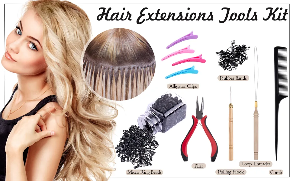 Duufin Hair Extensions Tools Kit 500 Pcs Black Micro Ring Beads 1 Pc Micro Beads Plier 2 Pcs Loop Needle Threader Pulling Hook 4 Pcs Plastic Alligator Clips 1 Pc Comb and 2 Bags Mini Rubber Bands - Hair extension tools kit
