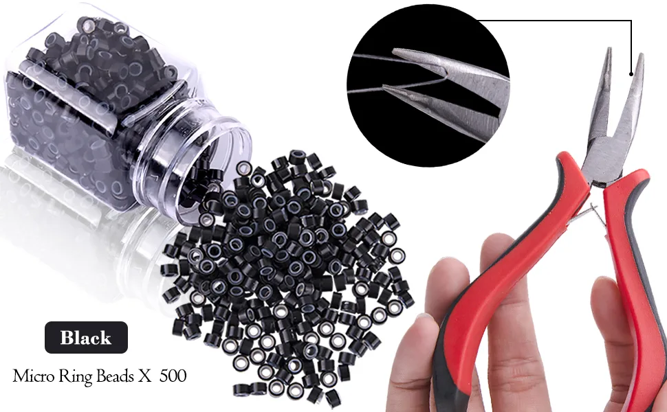 Duufin Hair Extensions Tools Kit 500 Pcs Black Micro Ring Beads 1 Pc Micro Beads Plier 2 Pcs Loop Needle Threader Pulling Hook 4 Pcs Plastic Alligator Clips 1 Pc Comb and 2 Bags Mini Rubber Bands - Metal plier designed with curved head and with plastic handle, a great helper for hair extension