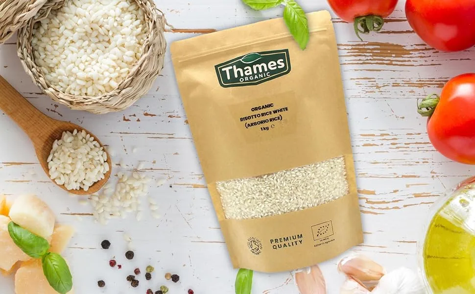 Organic Risotto Rice - Certified Organic Non-GMO Vegan No Additives No Preservatives Resealable Bag by Thames Organic 1kg - Organic Risotto Rice