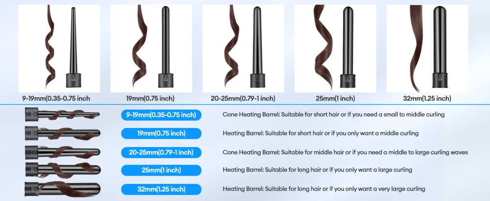 CkeyiN Curling Iron Set 5 in 1 Ceramic Curling Wand Set Interchangeable Ceramic Barrels Adjustable Temperature Hair Curlers for All Hair Type Black - 5 in 1 curling wand set