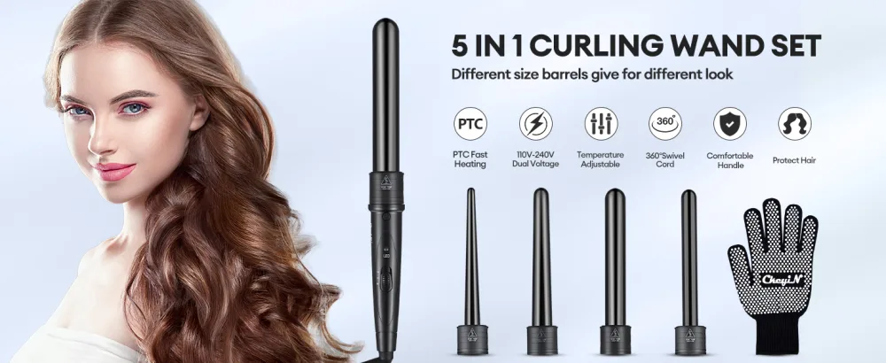 CkeyiN Curling Iron Set 5 in 1 Ceramic Curling Wand Set Interchangeable Ceramic Barrels Adjustable Temperature Hair Curlers for All Hair Type Black - hair curling wand