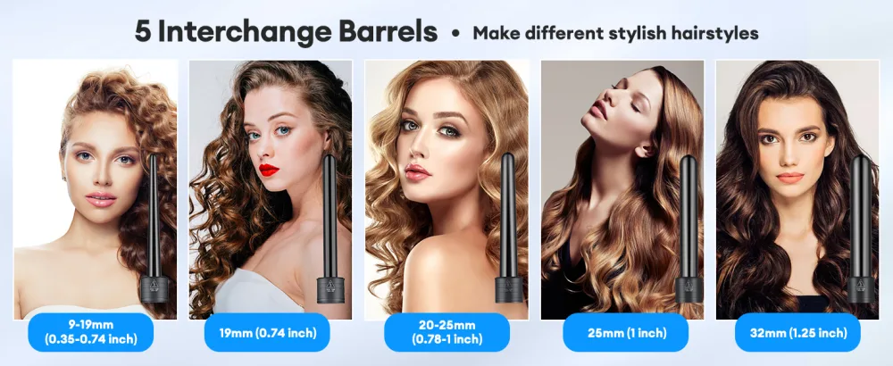 CkeyiN Curling Iron Set 5 in 1 Ceramic Curling Wand Set Interchangeable Ceramic Barrels Adjustable Temperature Hair Curlers for All Hair Type Black - hair curling wand set