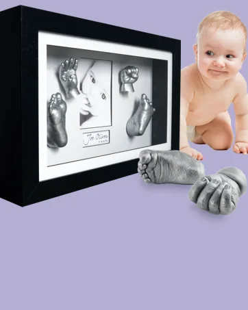 Baby Casting Kit with White 12x9" Shadow Box Display Frame Silver Paint for Hand Foot Casts by BabyRice (Dark Grey/White) Dark Grey / White - baby hand foot casting kit with 3d display frame shadow box feet cast first photo