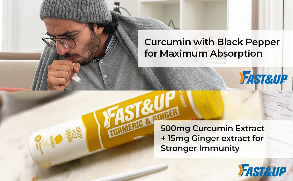 Fast&Up Turmeric & Ginger Natural Curcumin Super Herbs Zinc Ginger & Black Pepper 25 Effervescent Tablets - Mango Flavour 25 Count (Pack of 1) - Fast&Up Turmeric & Ginger supplement