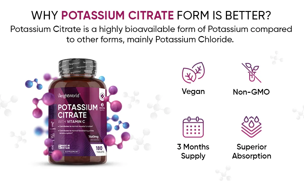 Potassium Supplement High Strength 1460mg with Vitamin C - Electrolytes Tablets - 3 Months Supply - 180 Vegan Potassium Tablets for Muscle Function - Natural Electrolytes Support - Superior Absorption - Potassium Supplement 1380mg