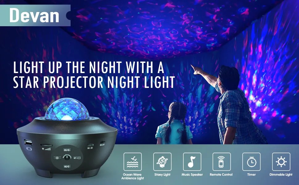 Devan Star Projector Galaxy Light Projector Ocean Wave LED Night Light Lamp with Remote Control Colors Changing Music Bluetooth Speaker Timer for Baby Black - star projector