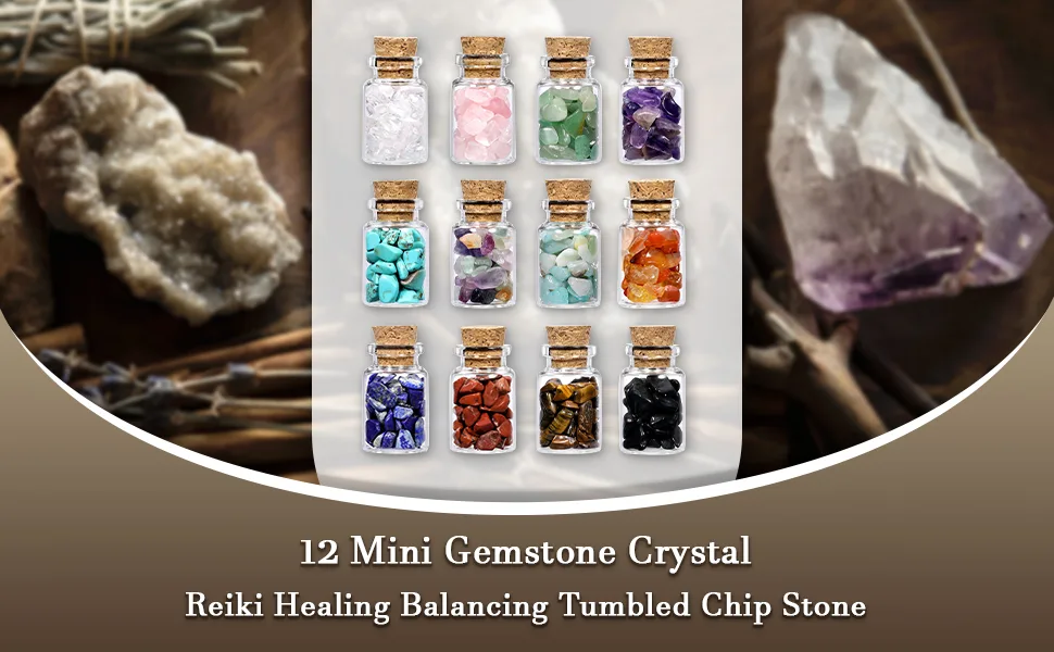 JSDDE 12 Mini Crystals Stone Chip Bottles Healing Crystal Tumbled Gemstone Wishing Bottles Wicca Stones Set for Balancing Meditation Home Decoration - Mini Crystals