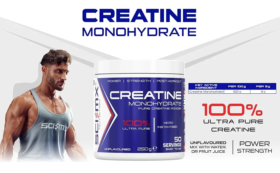 SCI-MX - Creatine Monohydrate - Enhance Strength + Power - 250g / 50 Servings - Unflavoured - 5g / Serving - Suitable for Vegetarians + Vegans 50 Servings (Pack of 1) - creatine