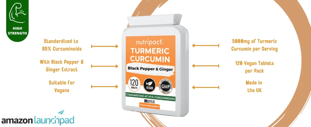 Turmeric Tablets 5000mg with Black Pepper and Ginger 95% Curcuminoids 120 High Strength Tumeric Curcumin Supplements (Not Turmeric Capsules or Powder) Vegan & Gluten Free - turmeric header 2