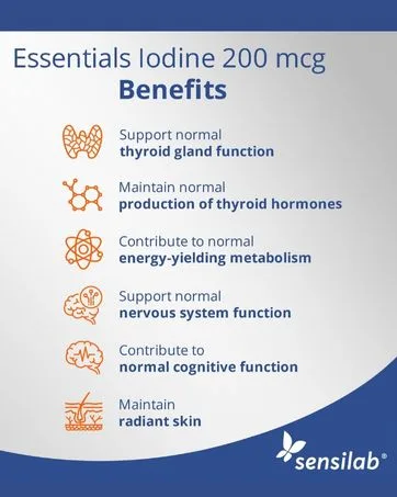 Sensilab Essentials Iodine Tablets 200 mcg Potassium Iodide Capsules for Thyroid & Nervous System Support 120 Iodine Capsules - 4-Month Supply - Iodine