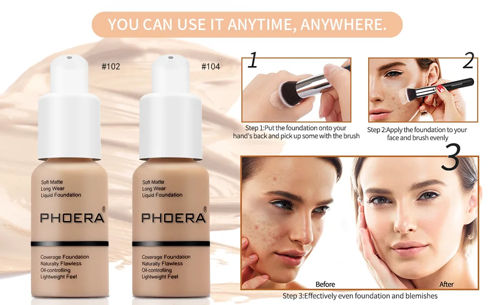 PHOERA 30ml Foundation Liquid Foundation Full Coverage 24HR Matte Oil Control Concealer Liquid Foundation With foundation Brush Soft Matte Full Coverage Foundation and Concealer (102) 2 Piece Set 102 - foundation