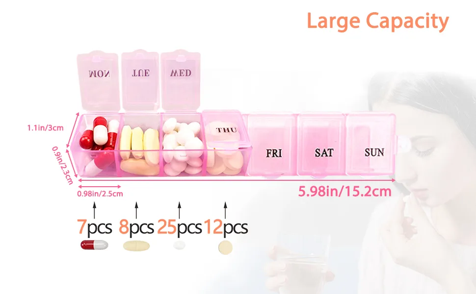 2Pcs Pill Box Portable Pill Organiser Travel Tablet Box 7 Days Tablet Organiser with Compartments for Medication Supplements Vitamins and Cod Liver Oil(Pink and Blue) - product information 19