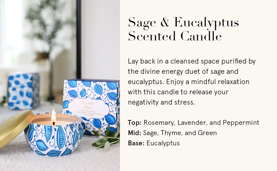 LA Jolie Muse Sage & Eucalyptus Scented Candle Natural Soy Wax Candle 45 Hours Long Burning Tin 185g Sage & Eucalyptus Set of 1 - product information 6
