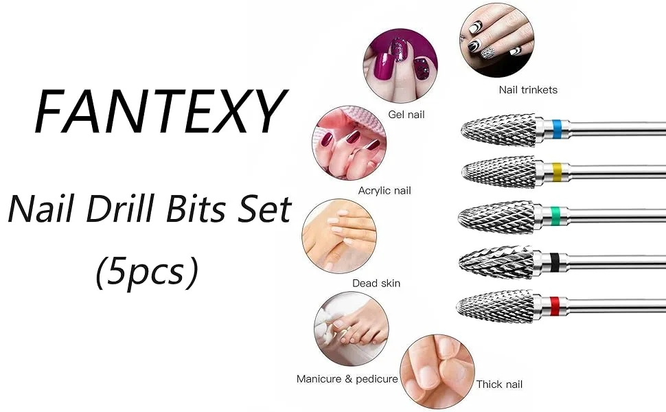 Fantexy Nail Drill Bits Set For Acrylic Nails 3/32 Inch Professional Tungsten Nail File Bits Nail Art Tools Manicure Pedicure Shapen Remove Tools Home Salon Use(5pcs) 5pcs-type 1 - product information 11