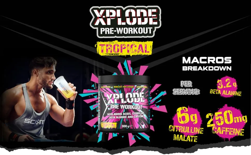 SCI-MX - X-PLODE Pre-Workout - 300g - Tropical Flavour - 250mg Caffeine 6g Citrulline Malate 3.2g Beta Alanine / serving - Suitable for Vegetarians + Vegans - tropical