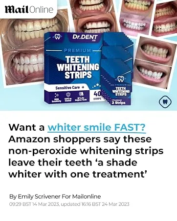 DrDent Premium Teeth Whitening Strips - 20 Sessions Non-Sensitive Formula 40 Peroxide Free Safe for Enamel + Mouth Opener Included - Daily Mail DrDent Featured Article