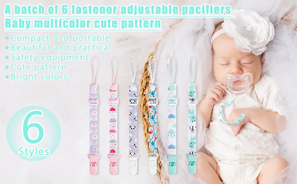 6 Pcs Adjustable Dummy Clips Girls Plastic Pacifier Clips with Plastic Clasp Soother Chains Holder for Newborn Boys Girls Essentials Baby Shower Clips - Adjustable dummy clip girls