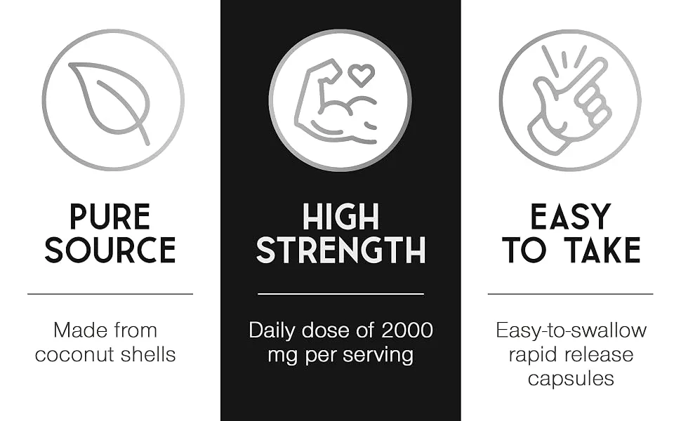 Activated Charcoal Tablets 2000mg - High Strength Charcoal Tablets for Flatulence - 180 Capsules Pure Charcoal from Wild Coconut Shells - 6 Capsules Serving - Active Charcoal Supplement for Adults - charcoal tablets