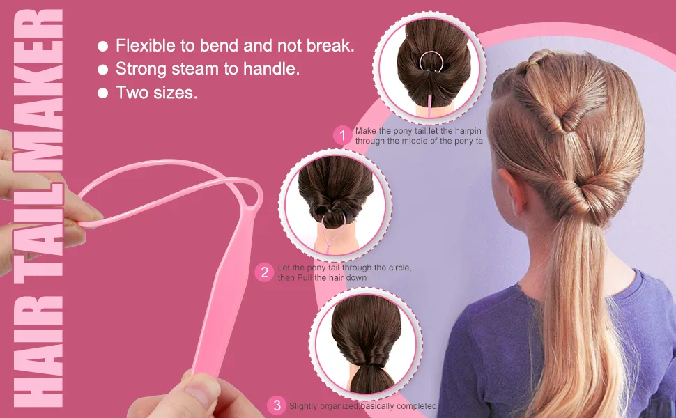 Topsy Tail Hair Tool MORGLES French Braid Loop Tool Pink with Rat tail comb - tail maker