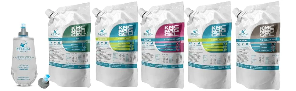 KMC NRG Gel Energy Gel & Refillable 150ml Flask Refreshing Raspbery & Mint Vegan Gluten Free (10x70g Serves & 150ml Refillable Flask) 10x70 Refill Pouch & Refillable Soft Flask - Refillable energy gels