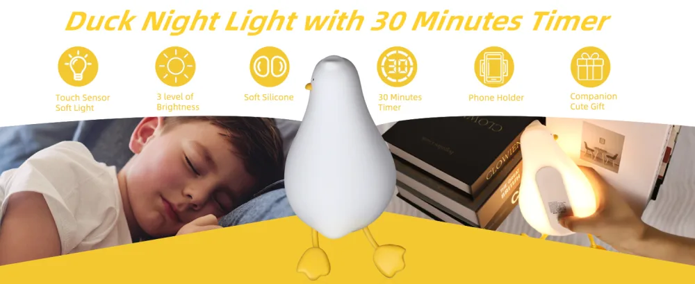 QKTYB Duck Lamp Lying Flat Duck Night Light Kids Night Lamp with 3 Speed Adjustable Light Smart Bedside Lamp with Flap Sensor Silicone Rechargeable Night Warm Light with 30 Minutes Timer - Duck Night Light