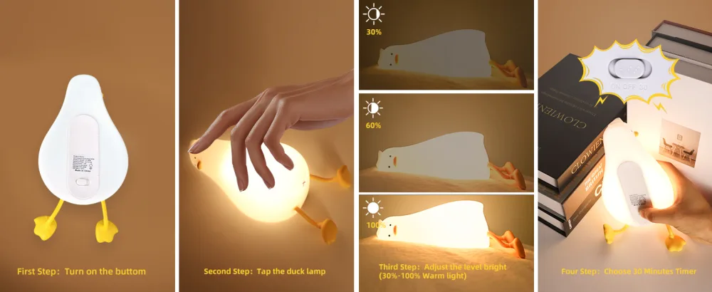 QKTYB Duck Lamp Lying Flat Duck Night Light Kids Night Lamp with 3 Speed Adjustable Light Smart Bedside Lamp with Flap Sensor Silicone Rechargeable Night Warm Light with 30 Minutes Timer - LED Duck Lamp with 3 Speed Adjustable Light